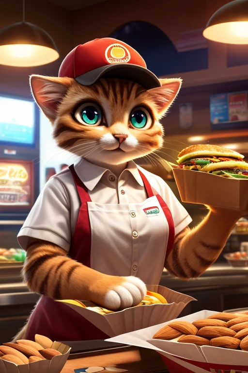 (Highest quality、masterpiece、8K))、Anatomically correct、Very detailed、High resolution、Realistic、((Beautiful, bright, almond-shaped, detailed eyes))、Intricate details、Cinematic lighting、((Dynamic composition))、Party、cute cat、Fast food restaurant clerk、Fast food counter、Red Cap Cap