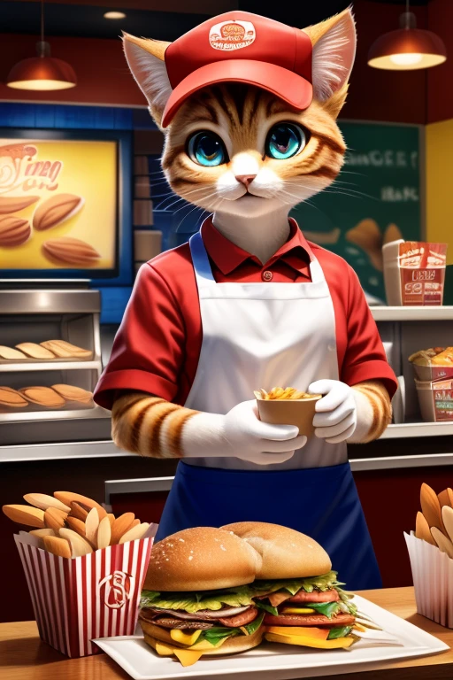 (Highest quality、masterpiece、8K))、Anatomically correct、Very detailed、High resolution、Realistic、((Beautiful, bright, almond-shaped, detailed eyes))、Intricate details、Cinematic lighting、((Dynamic composition))、Party、cute cat、Fast food restaurant clerk、Fast food counter、Red Cap Cap