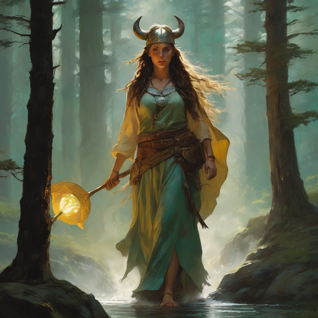 Create a meticulously detailed, hyperrealist illustration in the style of Norman Rockwell, Jeremy Mann, R. H. Ives Gammell, Dan Seagrave, Alberto Vargas, Edward Hopper, Alphonse Mucha, and Ron Griswold, Jen Christensen, Moebius, and N.C. Wyeth featuring a random Viking occupation with primary and secondary protagonists, emphasizing movement, captivating color contrasts, and an immersive narrative to evoke interest and excitement. Create a breathtaking hyperdetailed painting that seamlessly blends the styles of 10th century Vikings and Dungeons & Dragons. Use a thin translucent outer glow to separate the protagonist from the background, which should be muted or faded to distinguish it from the protagonist.
In a mist-covered forest clearing bathed in the golden hues of a setting sun, a Viking Druid, with her long braided hair adorned with leaves and feathers, stands in a ritualistic dance. Her movements are graceful yet purposeful, as she invokes the ancient spirits of the forest. The druid's face, illuminated by the warm light of the sun, shows a mix of serene focus and mystical connection. Her outstretched arms, holding a staff entwined with vines, create a dynamic pose that suggests the flow of natural energy. Around her, the forest is rendered in muted tones of green and brown, with shafts of light piercing through the canopy, casting long, dramatic shadows that enhance the depth and dimension of the scene. In the background, a secondary protagonist, a Viking Fighter clad in rugged leather armor, watches in respectful awe, his figure partially obscured by the mist, adding an air of mystery. The strong warm light on the Druid's face and body contrasts with the cool shadows on the shaded side, creating a compelling visual effect. The scene is dark and gritty in style, yet imbued with a sense of gentle, soft, and dreamy atmosphere, blending natural light with dramatic lighting to achieve a masterwork of art and design. The balance, color, contrast, rhythm, line, sha