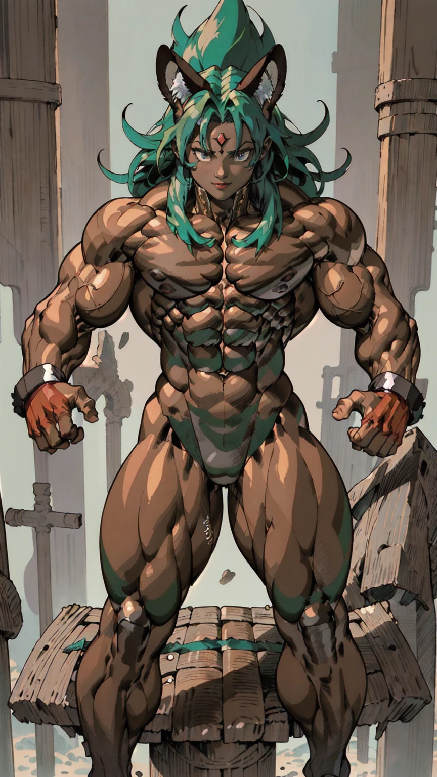 (athletic muscular body), {{{(((african american)))}}}, {{{((( (glossy) (smooth) ((dark brown skin)) )))}}}, (((pro wrestler))), (((kunoichi))), {{{(((24-year-old)))}}}, {{{(((young woman)))}}}, (((tomboy))), (((stoic))), (((bored))), (((emotionless))), (((wolflike))), ( (messy) (curly) (((long))) (dark mint green hair) ), (big intense (silver eyes) ), (small breasts), toned abs, {{{(((strong leg muscles)))}}}, toned biceps, toned forearms, toned deltoids, toned triceps, toned erector spinae, toned rhomboids, toned hamstring muscles, firm muscular glutes ,{{{(((strong back muscles)))}}}, (((thick muscular trapezius))), (((big muscular latissimus))), toned quadriceps, toned gastrocnemius, toned soleus, amazing ass, (((character wearing a (skintight long sleeve (brown with some gray) ( fur pelt bodysuit) ) ))), (((knee pads))), (((fingerless gloves))), (((combat boots))), {{{(((lush fantasy ancient forest (village) )))}}}, {{{(((standing on the roof of a house )))}}}, {{{(((great anatomy)))}}}, {{{(((high muscle mass)))}}}, {{{(((well-trained muscles)))}}}, {{{(((well-toned muscles)))}}}, {{{(((best quality)))}}}, {{{(((masterpiece)))}}}, {{{(((full shot)))}}}, {{{(((90s anime)))}}}