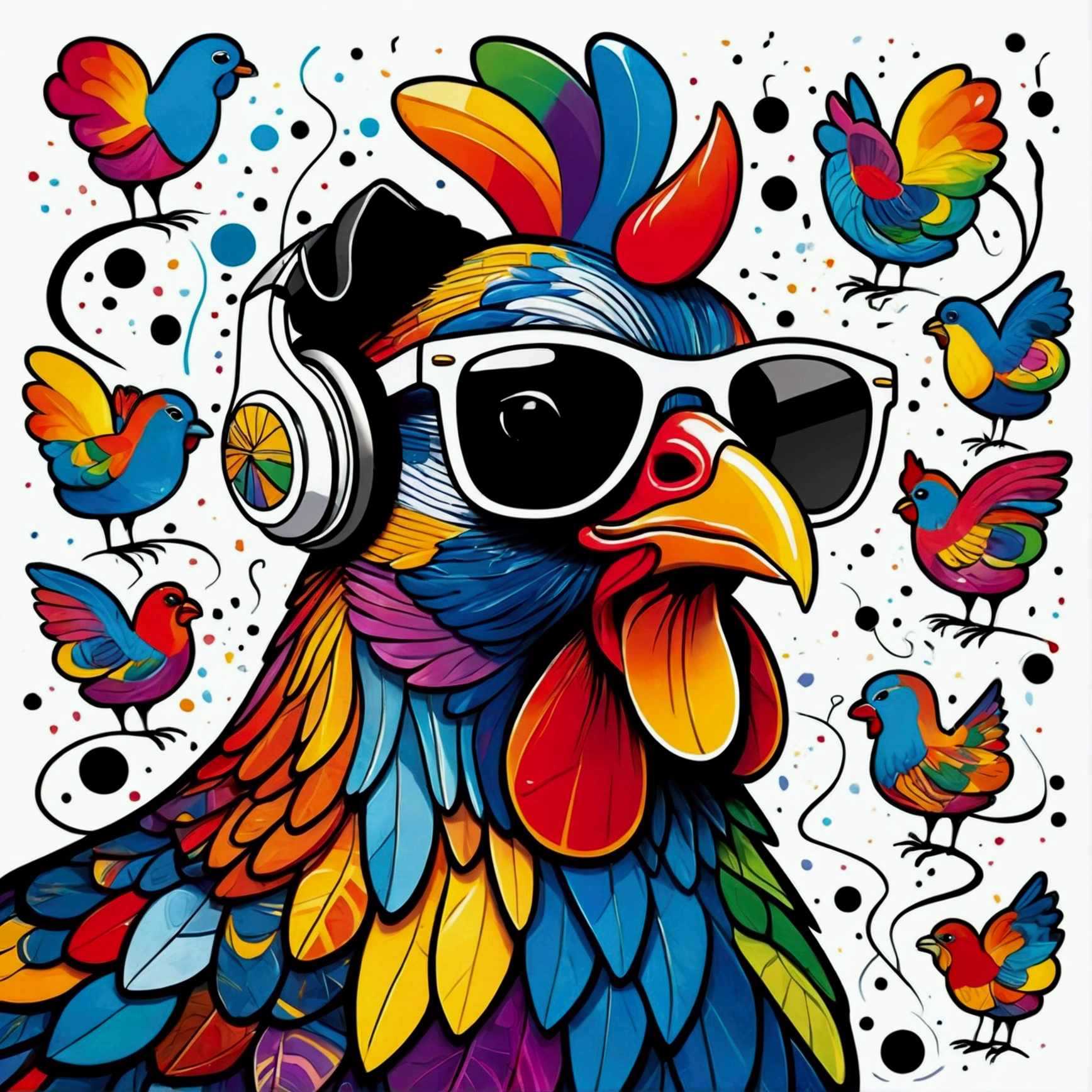 graphics, diverse and fun geometric figures, rainbow, Romero Britto, Salvador Dali, a dog, A domestic chicken with sunglasses and DJ headphones and with thoughts running through his fingers and the confusion of memory ((white and black background)), guinea fowl face, the chicken's huge wings, the beak, the microphone, the headset, Sunglasses, exacerbated contrasts, piercing eyes, colorful and cheerful, Boring and sad, Art Watercolor Painting Oil Paint, abstrato, Epic Instagram, art station, colorful ink wink style wink+, Contour, hyper-detailed intricately detailed, awesome, details Intricate, splashscreen, colors complementary, conceito realista abstrato Romero Britto de arte, 8K, deviantart masterpiece, oil painting, heavy brush strokes, paint drips, splash arts.