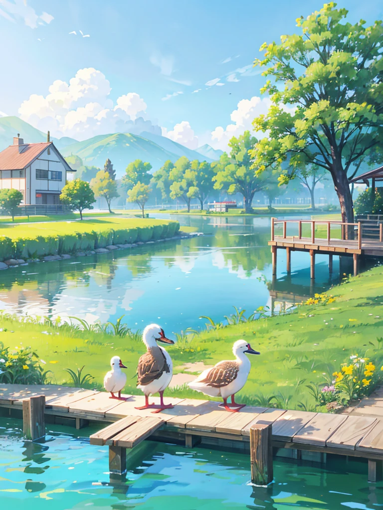 Morning Park、A family of spot-billed ducks swimming in a pond、Girl on the pier、smile、Synchrotron radiation