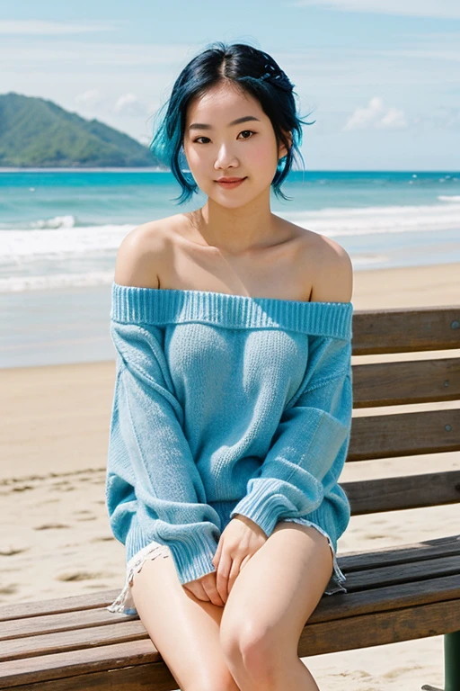 ((best quality)), ((masterpiece)), (detailed), 1girl, off-shoulder sweater, Blue hair asian girl, posing naked on a bench near a sunny beach
