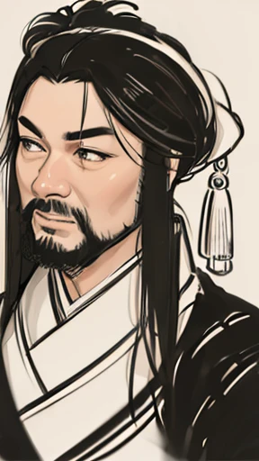 Monochrome,Oriental、Men in ancient Chinese costumes、(ancient chinese hairstyle male)、As seen in the Romance of the Three Kingdoms々military commander、Highest quality、masterpiece、Ultra-high resolution、(Realistic:1.4)、Game Poster、Crisp and beautiful image quality、beard、Embroidered cloth wrapped around a topknot、whole body ,((Skin of color, ),(Heavy Blackbeard):1.2), ( (Very detailed, bloom:1.5), (Highest quality, Concept Art, 4K), (analog:1.2), (high sharpness), (Detailed pupil:1.1), (Painting:1.1), (digital Painting:1.1), Detailed face and eyes, masterpiece, Highest quality, (Very detailed写真:1.1), 8K, photoRealistic, (Black Hair, Dynamic Short Hair), (PurerosFace_v1:0.2), [:(Detailed face:1.2):0.2], sharp, Realistic, Realistic Shadow, 