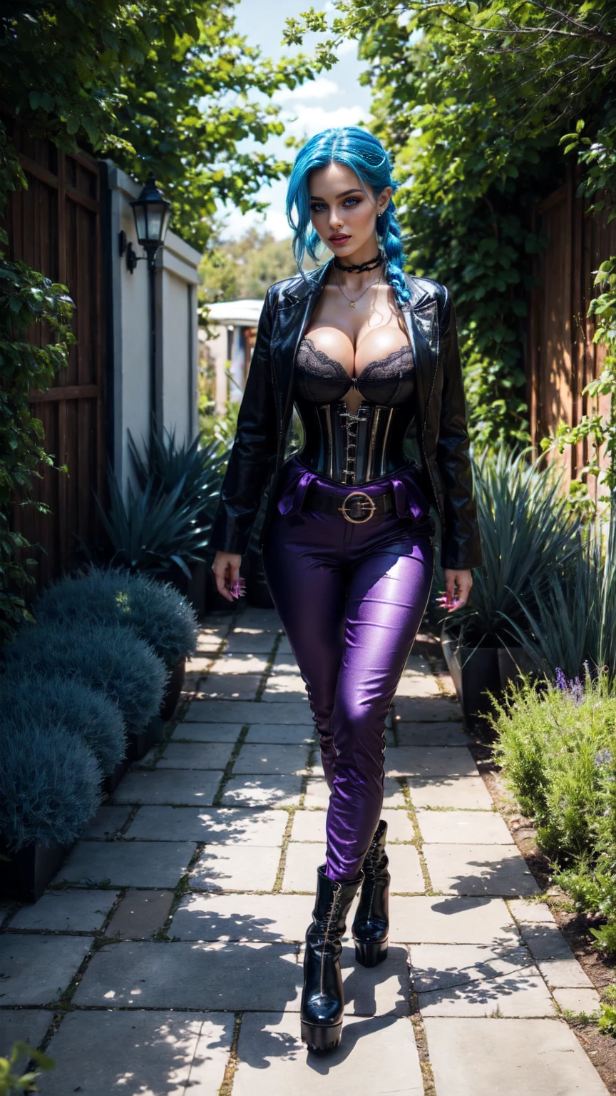 jinx, blue hair,blue long curly ponytail, blue leahter corset, black jacket, big breast, purpble tight leahter Trousers, purple belt, black long high heels boots,walking in the Garten