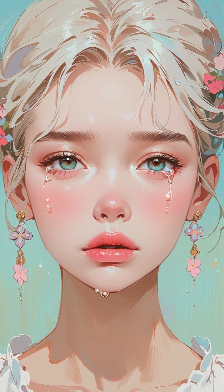 (masterpiece、Highest quality: 1.2)、1 Girl、、Anime Style、Brown Hair、Pink Lips、Fairy、sad、tears、In the style of famous portrait painters、Light Blue Background。