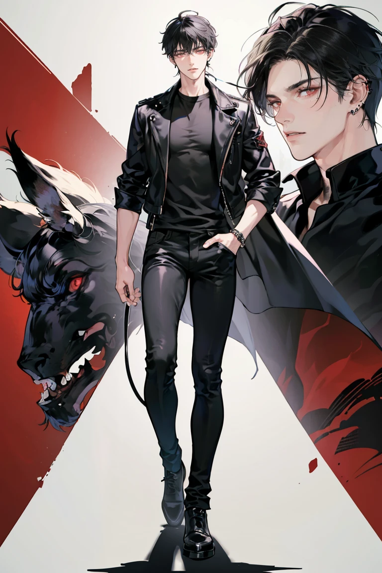(masterpiece), best quality, seductive eyes, perfect face, handsome man, red eyes, short messy black hair, long nose, plain black t-shirt, black fitted pants, black leather jacket, full body, extremely tall man, long legs, long calves, anime cover, 1boy, ear piercings, hands in pockets, adult-like look, big bike