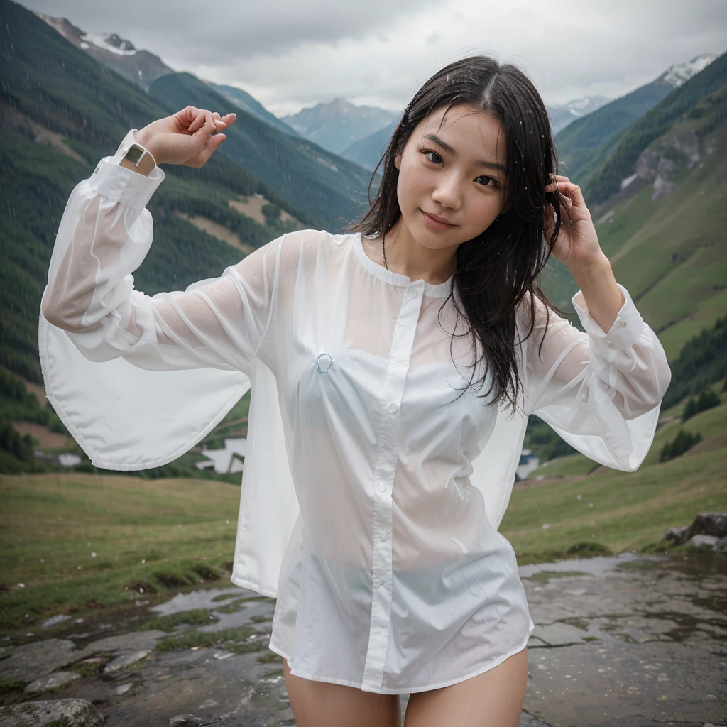 On the top of the Alps, a beautiful Taiwanese girl (with clear facial features) wearing a large white shirt, soaked by heavy rain, dancing barefoot, happy, rain in the sky