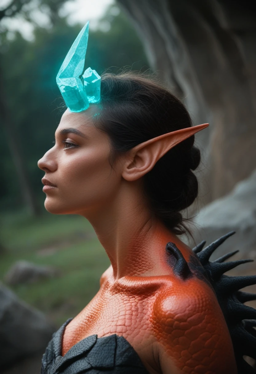 score_9, score_8_up, score_7_up, source_photo, (photography, realistic:1.4), cinematic, depth of field, bokeh, best quality BREAK
1girl, solo, hybrid creature, mutation, dutch angle profile, mysterious, hybrid elemental, fusion of curvy Latina woman with dragon features and glass-like scales, underground cavern, glowing crystals, intense heat, raw power, intense gaze, vibrant colors, rocky skin, flowing magma veins