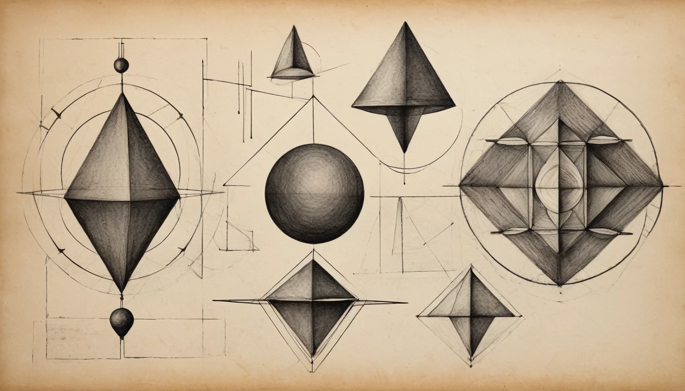 geometry sketches, geometric drawings,  charcoal pencil drawing on old paper