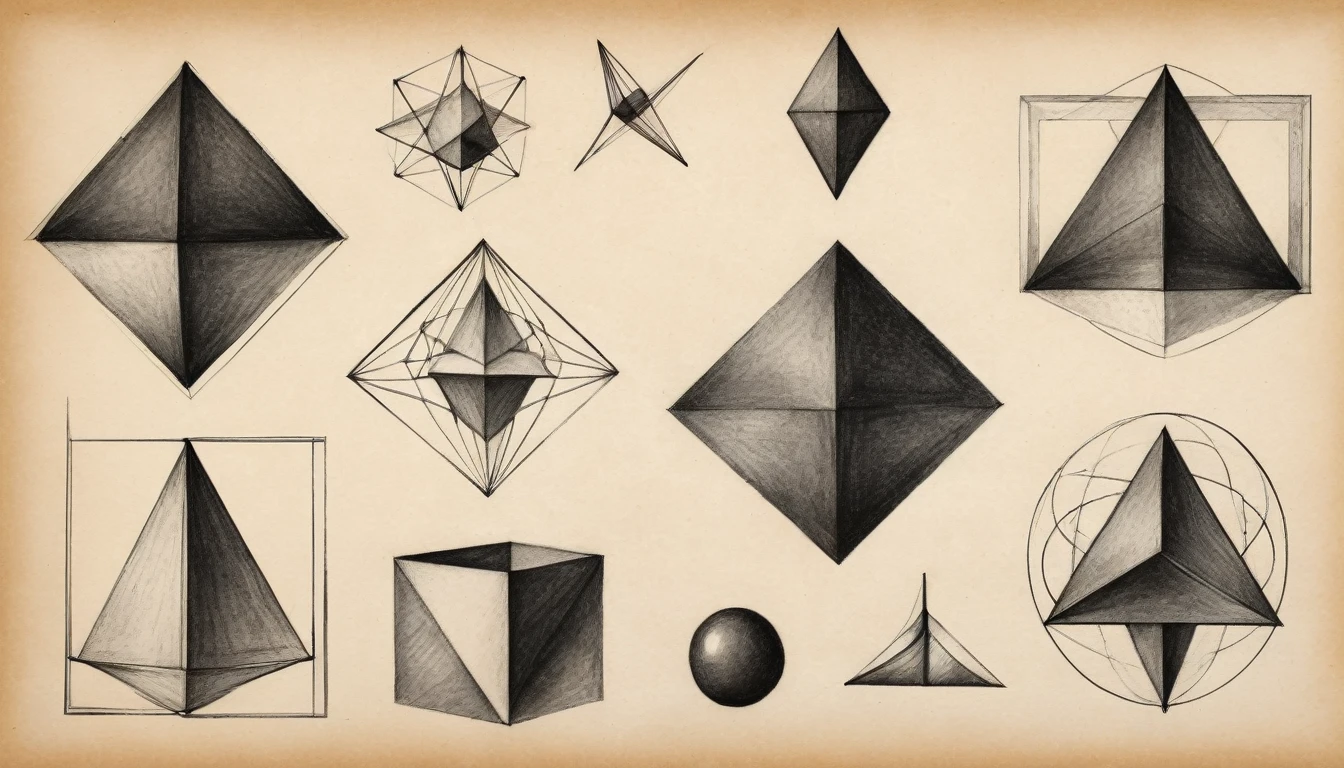 geometry sketches, geometric drawings, charcoal pencil drawing on old paper