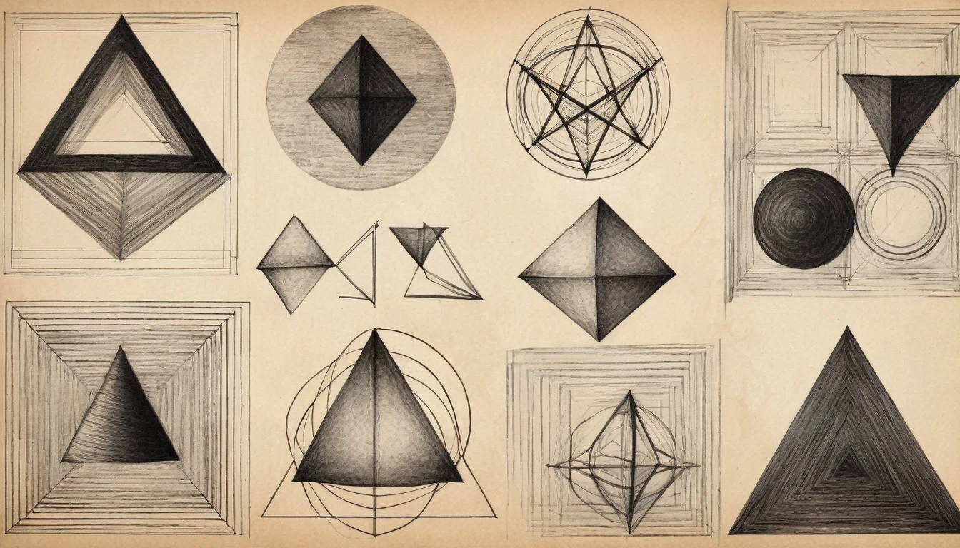geometry sketches, geometric drawings,  charcoal pencil drawing on old paper