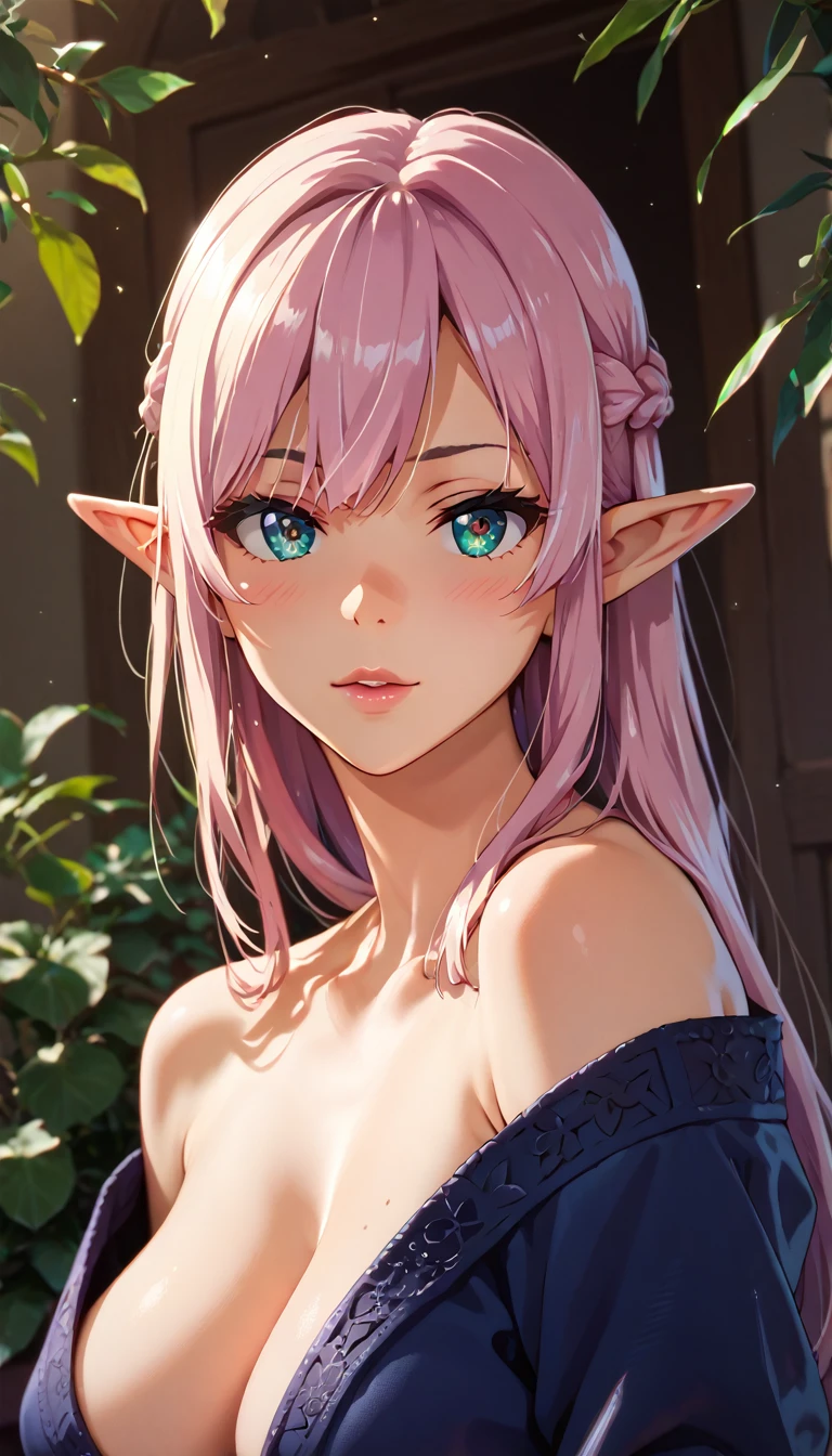 A naked, AI-generated, very aesthetic 1 girl with pointed ears, pink hair, dreamy anime fantasy background, raytracing, light purple eyes, well-defined pink diamond pupils, floating, light particles, gentle smile, celestial, cosmic tree in background, intricate, large breasts, goddess, vibrant rich HDR color, cel shading, (best quality, 4k, 8k, highres, masterpiece:1.2), ultra-detailed, realistic, photorealistic, photo-realistic:1.37, HDR, UHD, studio lighting, ultra-fine painting, sharp focus, physically-based rendering, extreme detail description, professional, vivid colors, bokeh