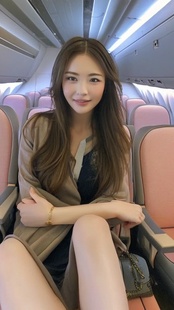 Beautyful woman sitting inside the plane (high quality)、ベージュのレースビキニを着ている