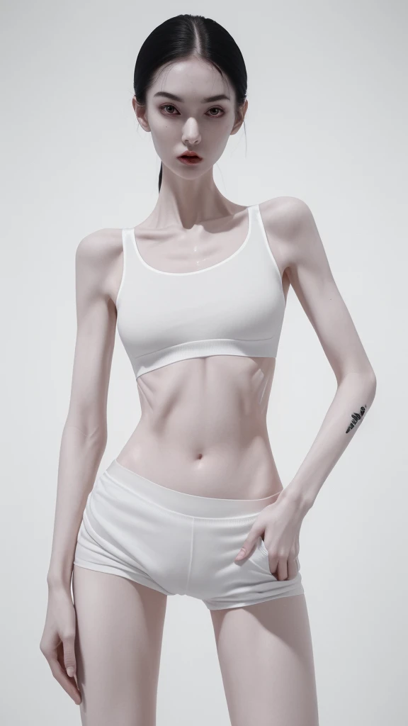 a woman with an extremely thin, emaciated body, visible bones, very slender figure, pale white skin, wearing only panties and a bra, full body tattoo, full body shot, having a mental breakdown, (best quality,4k,8k,highres,masterpiece:1.2),ultra-detailed,(realistic,photorealistic,photo-realistic:1.37),extremely detailed eyes and face,longeyelashes,dramatic lighting,high contrast,cinematic