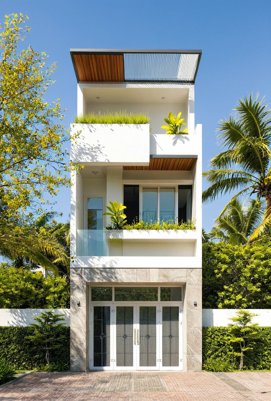 head of'artwork, High quality, best quality, authentique, great detail, En plein air, villa de plain-piedXL, groupe aiai, style de maison moderne dans la rue ,stairs, white wall ,road,pavement, grass, trees, sky, nuvens, (day light:1.1)