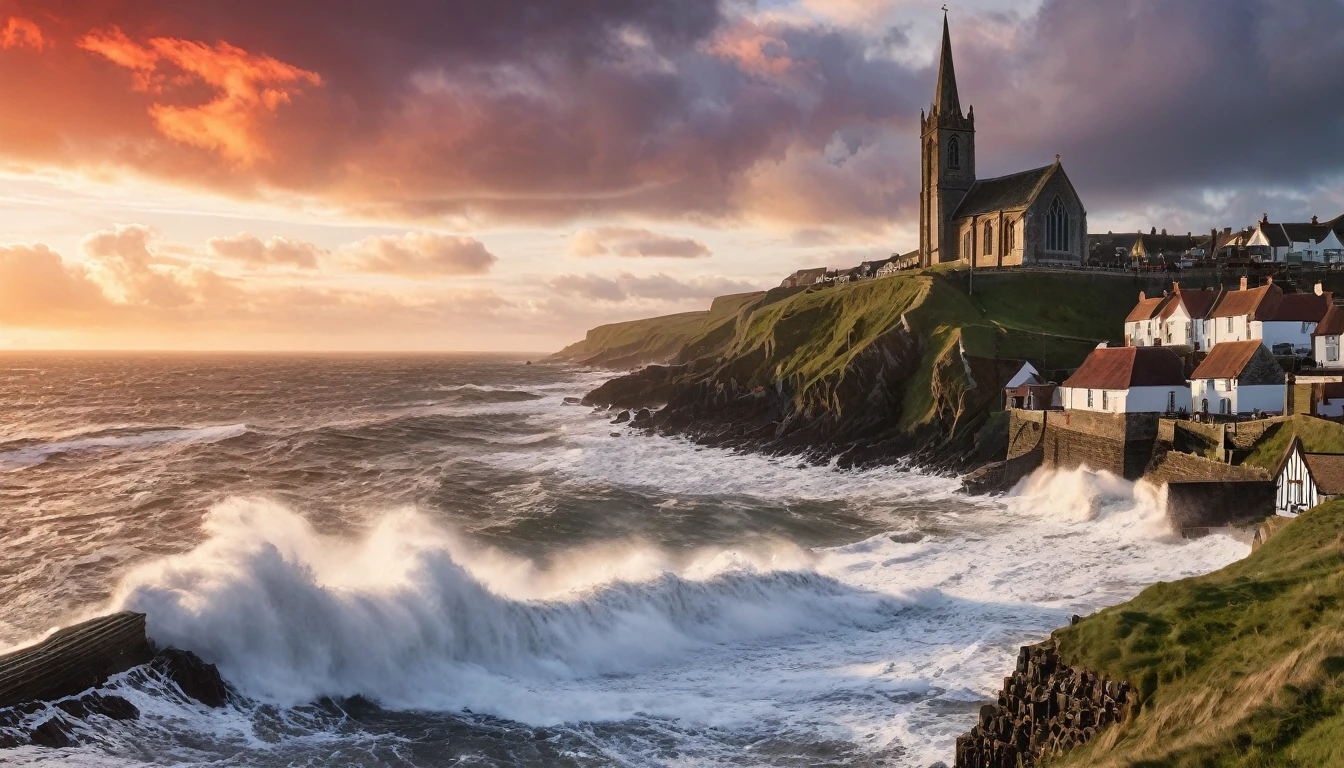 A beautiful old English fishing village with giant waves crashing over the sea wall, there's a church on the hill, it is sunset and the clouds are red,