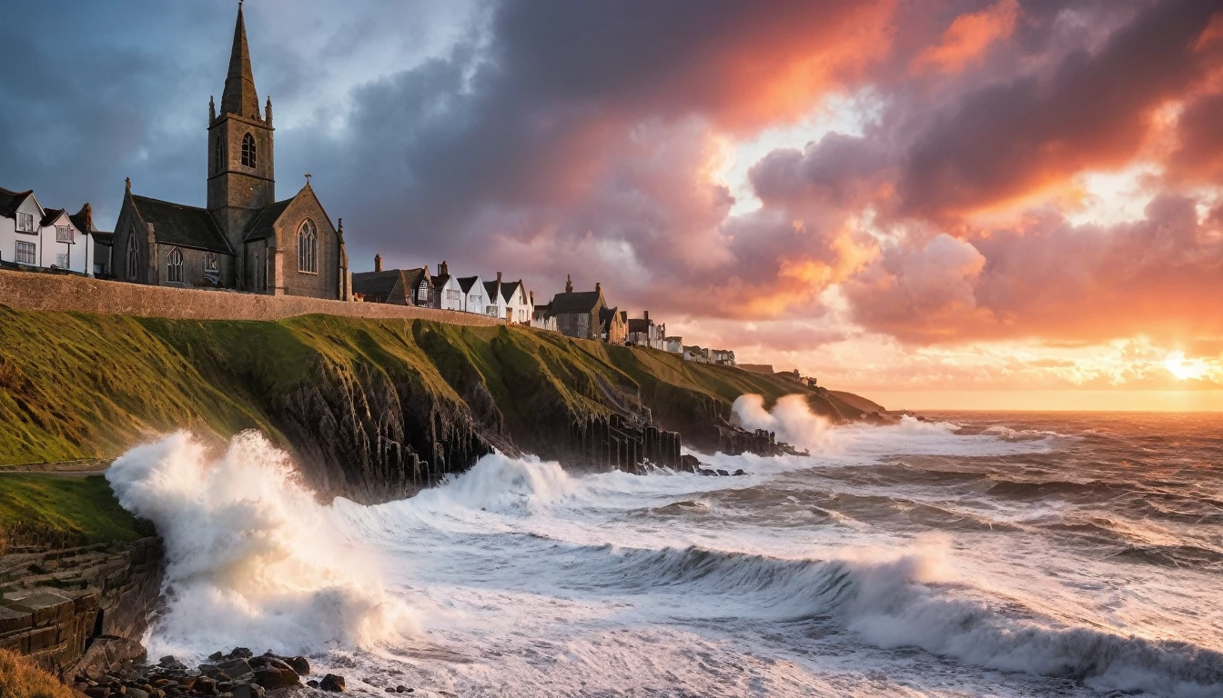A beautiful old English fishing village with giant waves crashing over the sea wall, there's a church on the hill, it is sunset and the clouds are red,