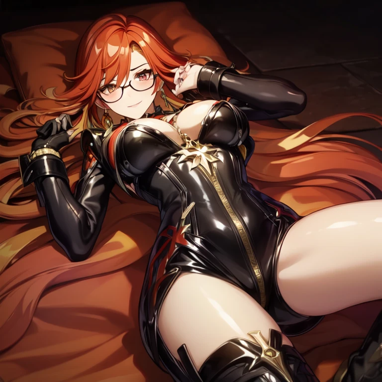 1girl(big Breast ,solo), (masterpiece, best quality:1.2), .Mavuika，Natlan，genshin, private teacher，wearing a black and red tight outfit with gold embellishments,Pink Glasses,handcuffs,lying in the bed , ina bedroom, 

