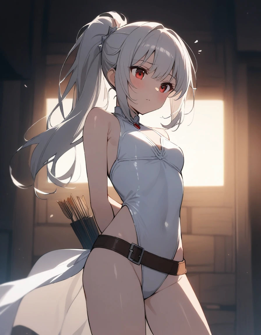 1 girl, shiny backlight, volumy long ponytail, silver hair, red eyes, middle breasts, her hair is fluttering down, white fantasic leotard outfit, white long loincloth,brown belts, long Quiver of Arrows behind back, open legs,open thighs, arched back, scerious,gazing, cowboy shot, masterpiece, best quality, general,arms behind back,
