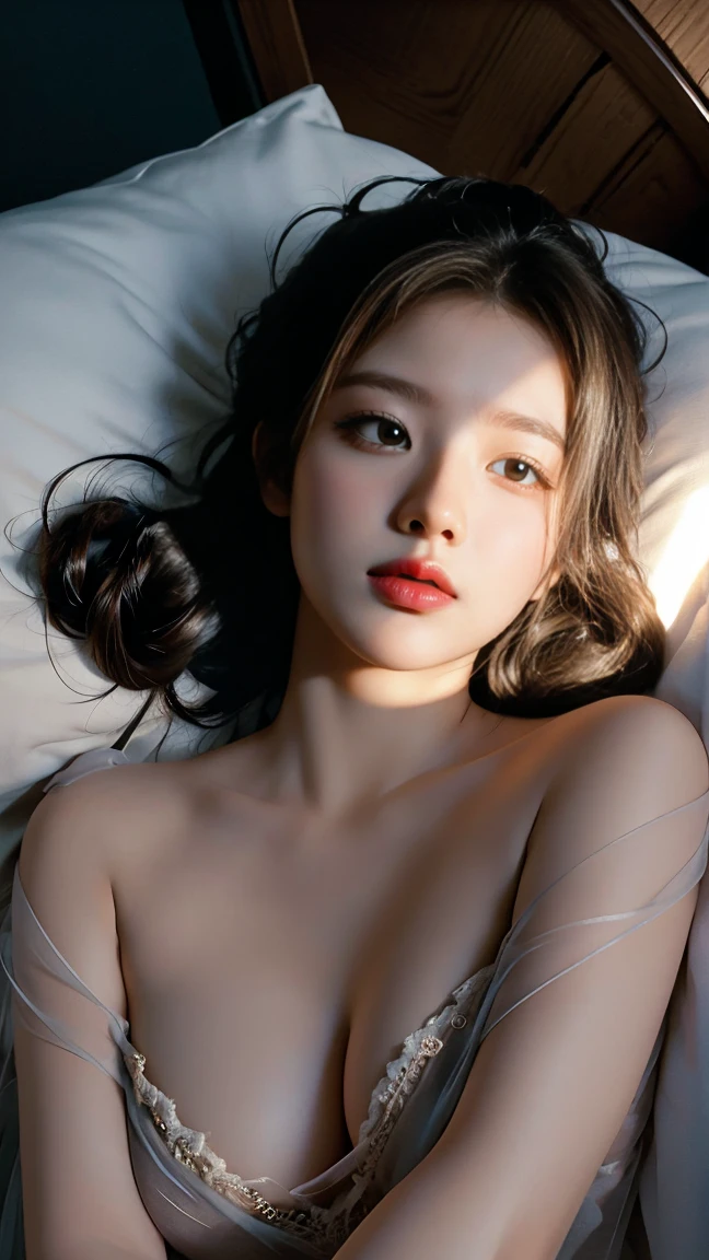 Nikon RAW photo,8 k, Fujifilm XT3,masterpiece, best quality, realistic, photorealistic, (lying on bed),(bed sheet),(Lie on the pillow),(smirk:1.1),best quality,(detailed facial features),(eyelashes:1.1),(depth of field:1.1), (chromatic aberration:1.1), (caustics:1.1), nvshen