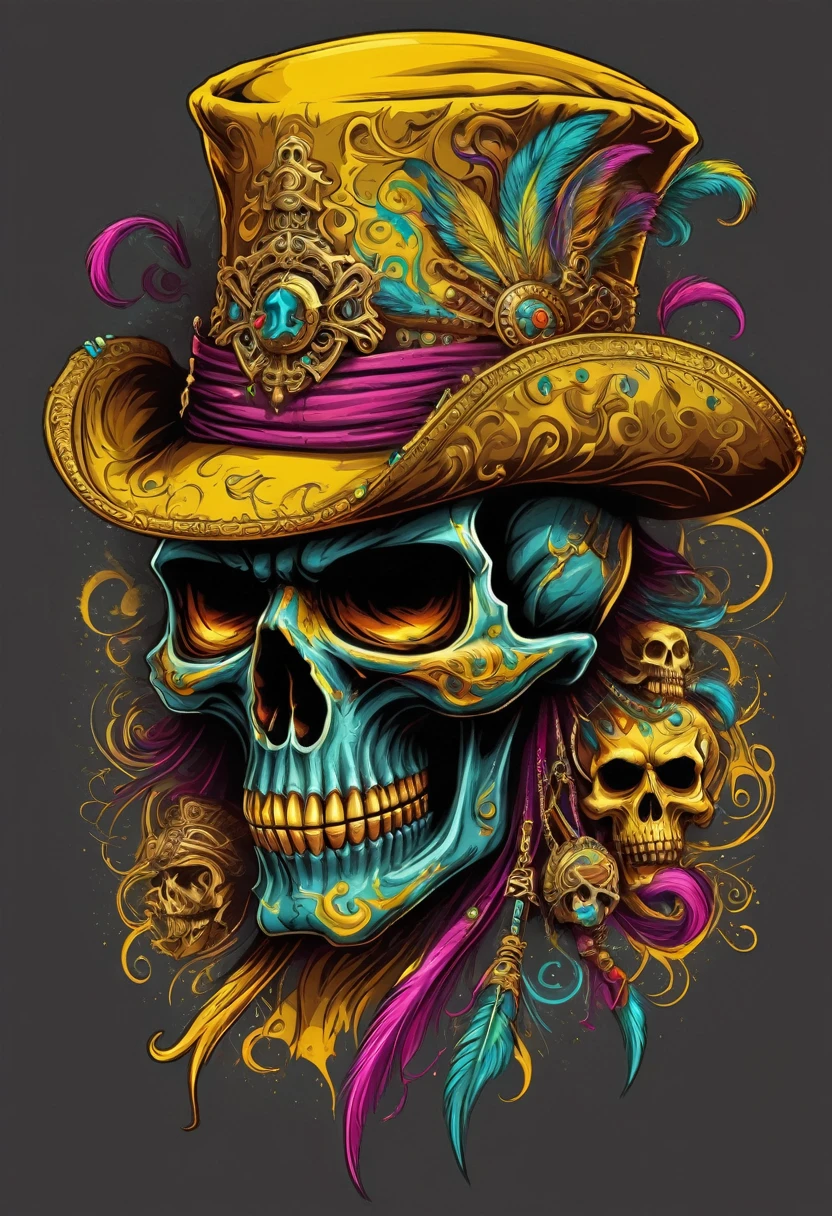 T-shirt art vector ready to print colorful graffiti illustration of masquerade party yellow pirate skull and hat web decorated with jewels of precious rubies and emeralds and skeleton beard decorated with yellow diamonds, teeth of beautiful stone jewelry, front perspective, action shot, vibrant color And welding, high detail, white background