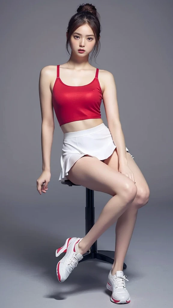 Highest quality,masterpiece,Ultra-high resolution,(Actual:1.4),Original photo,Ultra-high resolution,8K,There are also women,Fair skin、Sheer white tennis wear,High heels,Long legs:1.5,Bright and beautiful,high waist,Flashy makeup using red eyeshadow,Gray background,