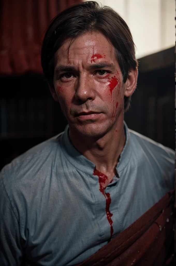Anthony Perkins shedding tears of blood and his garments stained with blood make him falling in deep ocean