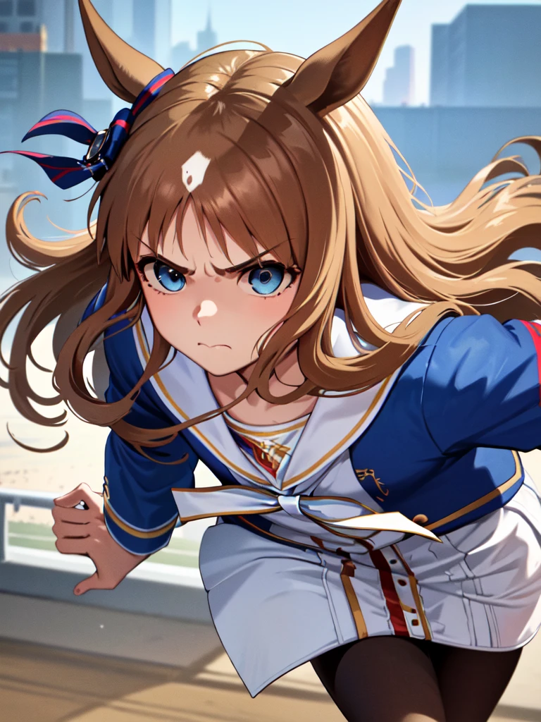 Masterpiece, top quality,
Glass Wonder \(Uma Musume\),

face close up,

Serious face, closed mouth, blue eyes, ((eyes/aura/blue)),

running, ((beautiful running)), racetrack, grass,

White sailor collar, blue jacket, long sleeves, armband, white dress, white skirt, black pantyhose, boots, brown footwear, mismatched footwear