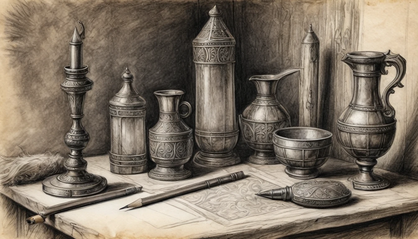old libors, on a table, medieval design, charcoal pencil drawing on old paper