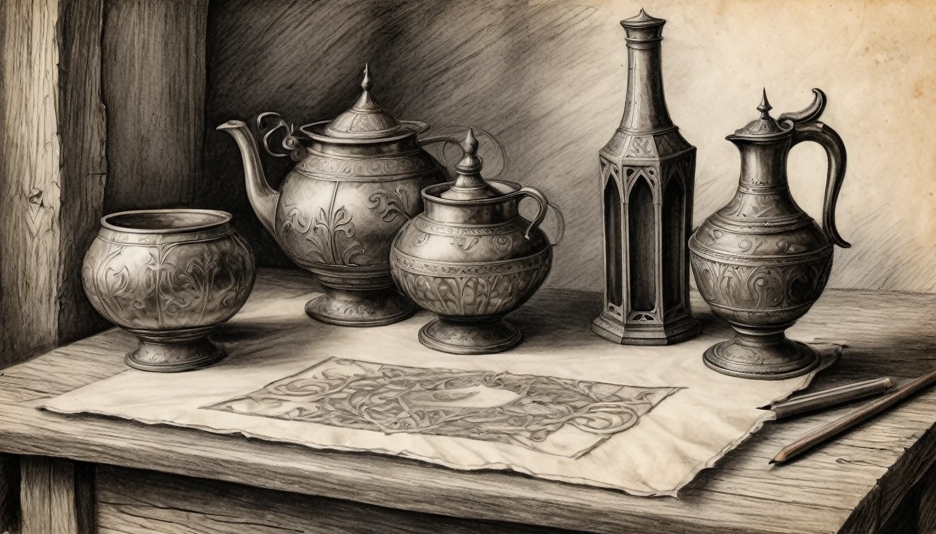 old libors, on a table, medieval design, charcoal pencil drawing on old paper