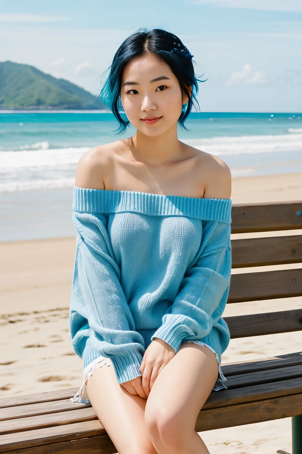 ((best quality)), ((masterpiece)), (detailed), 1girl, off-shoulder sweater, Blue hair asian girl, posing naked on a bench near a sunny beach