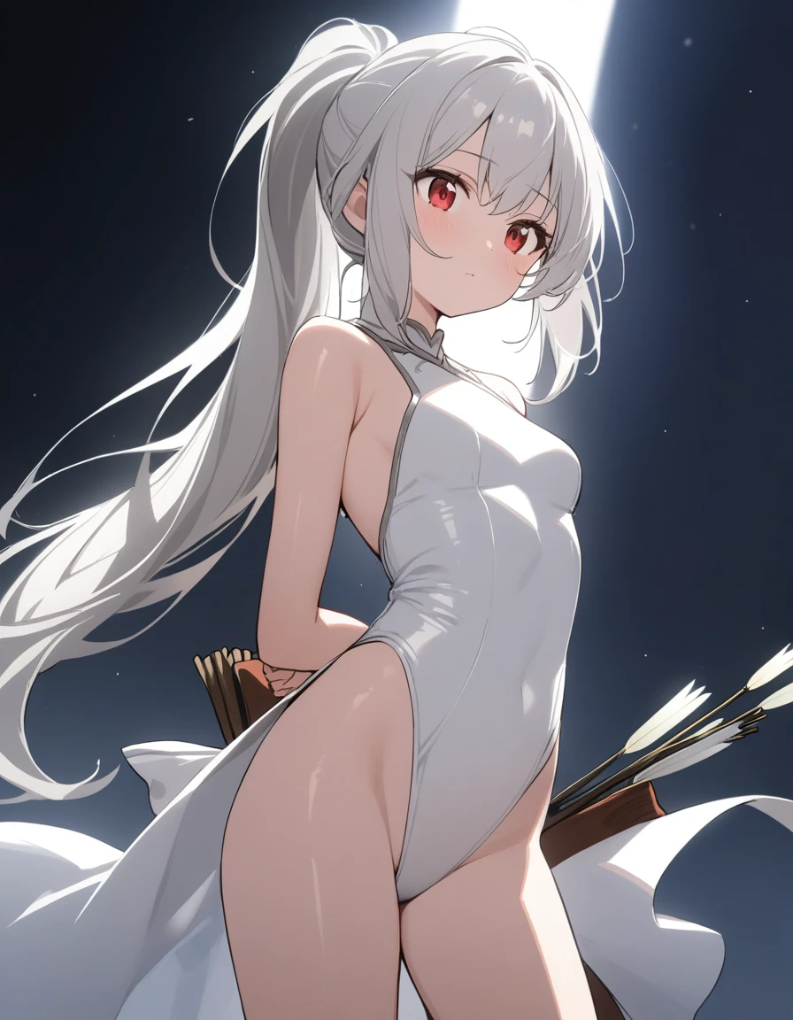 1 girl, shiny backlight, volumy long ponytail, silver hair, red eyes, middle breasts, her hair is fluttering down, white fantasic leotard outfit, white long loincloth,brown belts, long Quiver of Arrows behind back, open legs,open thighs, arched back, scerious,gazing, cowboy shot, masterpiece, best quality, general,arms behind back,