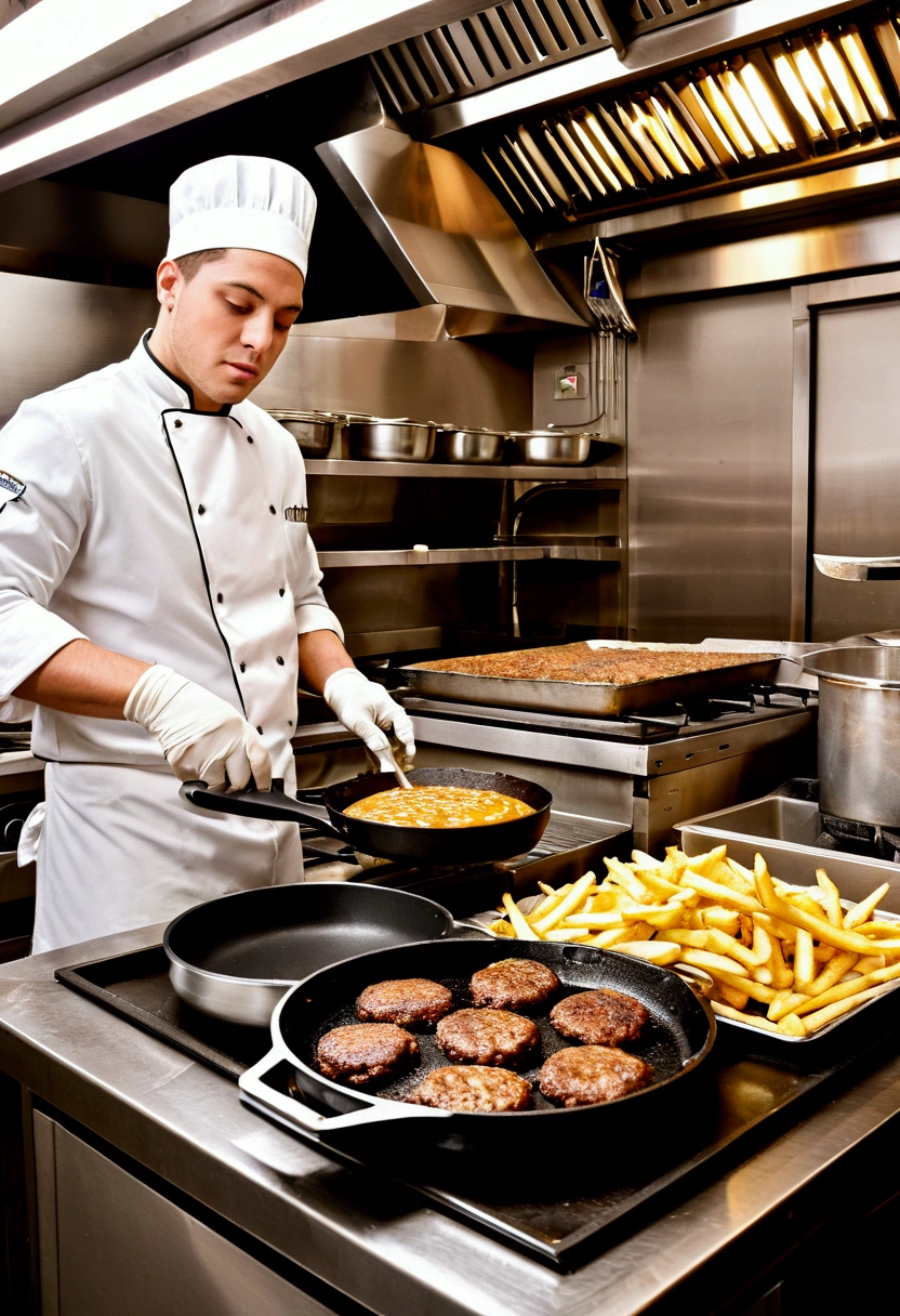 (Fast Food Worker), A fast food clerk stood behind the counter, quickly packaging hamburgers and fries in his hands, with a friendly smile on his face. The background was a busy fast food restaurant, with lively music playing inside and customers coming in a continuous stream. The clerk ordered while having pleasant conversations with customers, full body, (Photography), panoramic view, award-winning, cinematic still, emotional, vignette, dynamic, vivid, (masterpiece, best quality, Professional, perfect composition, very aesthetic, absurdres, ultra-detailed, intricate details:1.3)