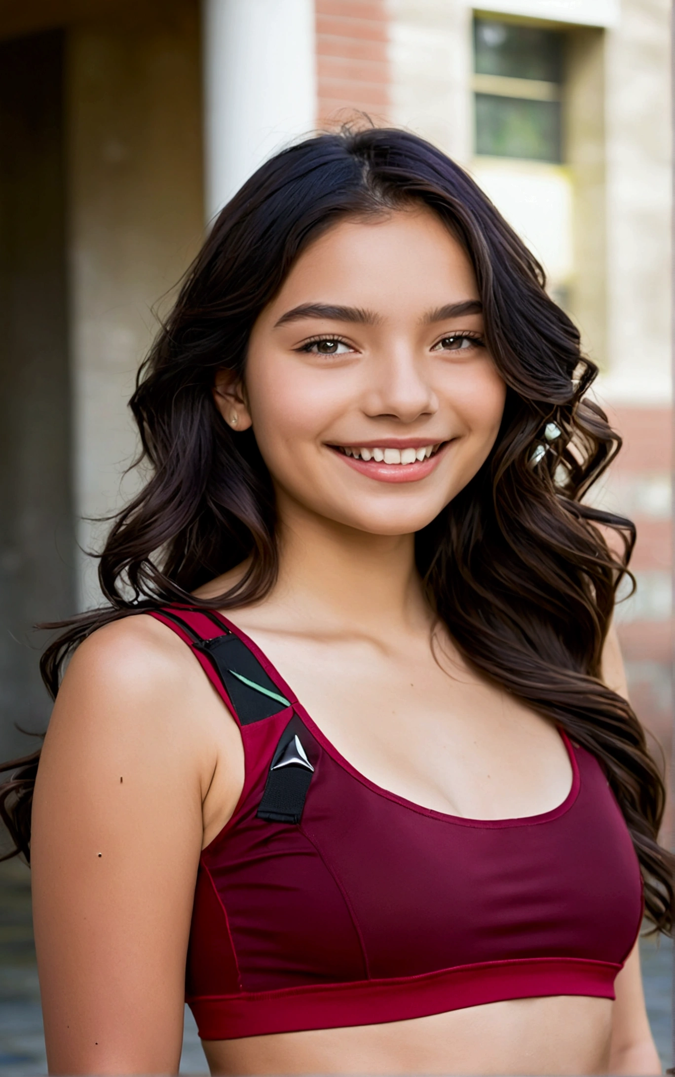1 mexican girl, Long dark Wavy Hair, dark brown eyes, teen, topless, smiling, sexy, touching her