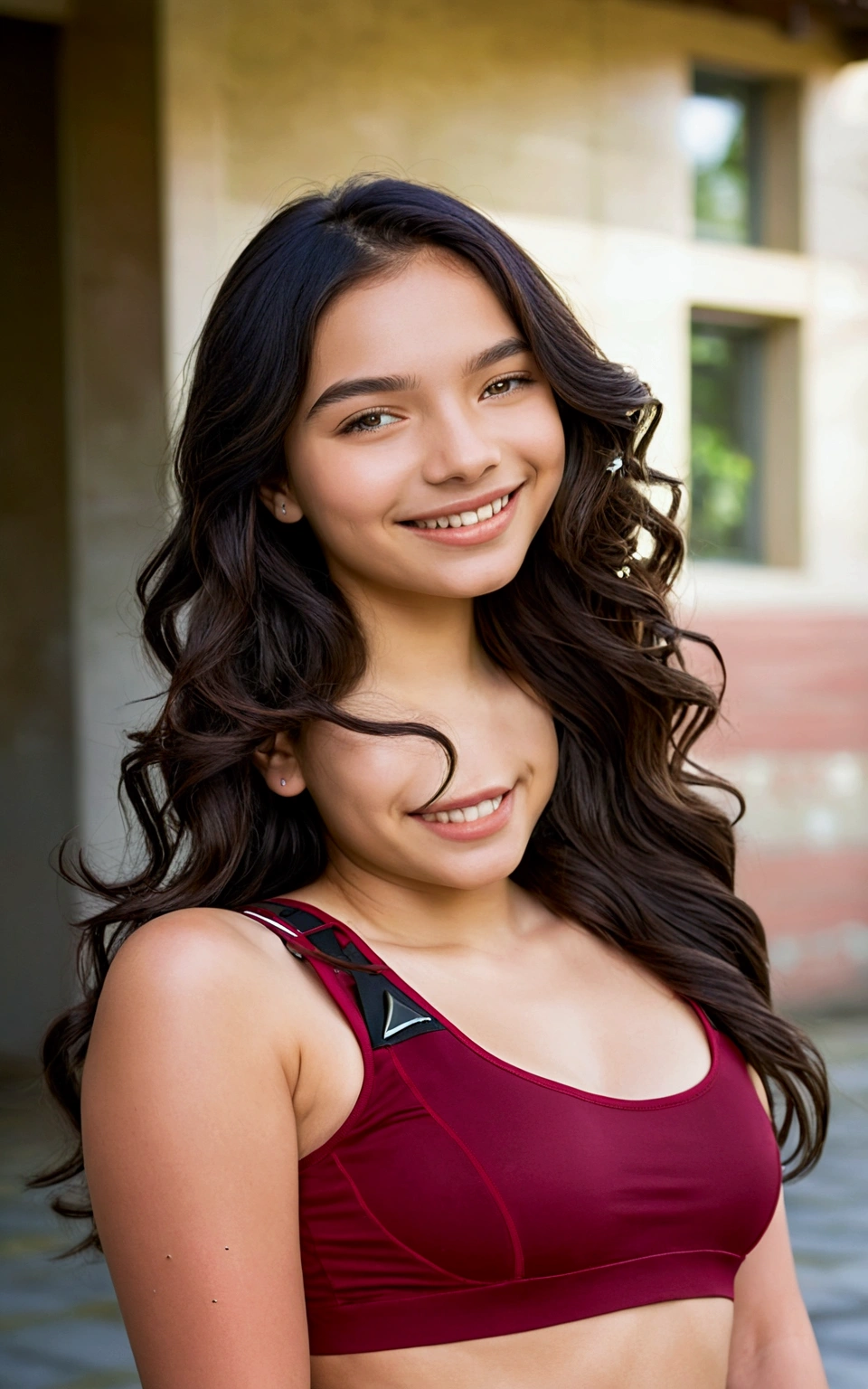 1 mexican girl, Long dark Wavy Hair, dark brown eyes, , topless, smiling, sexyouching her