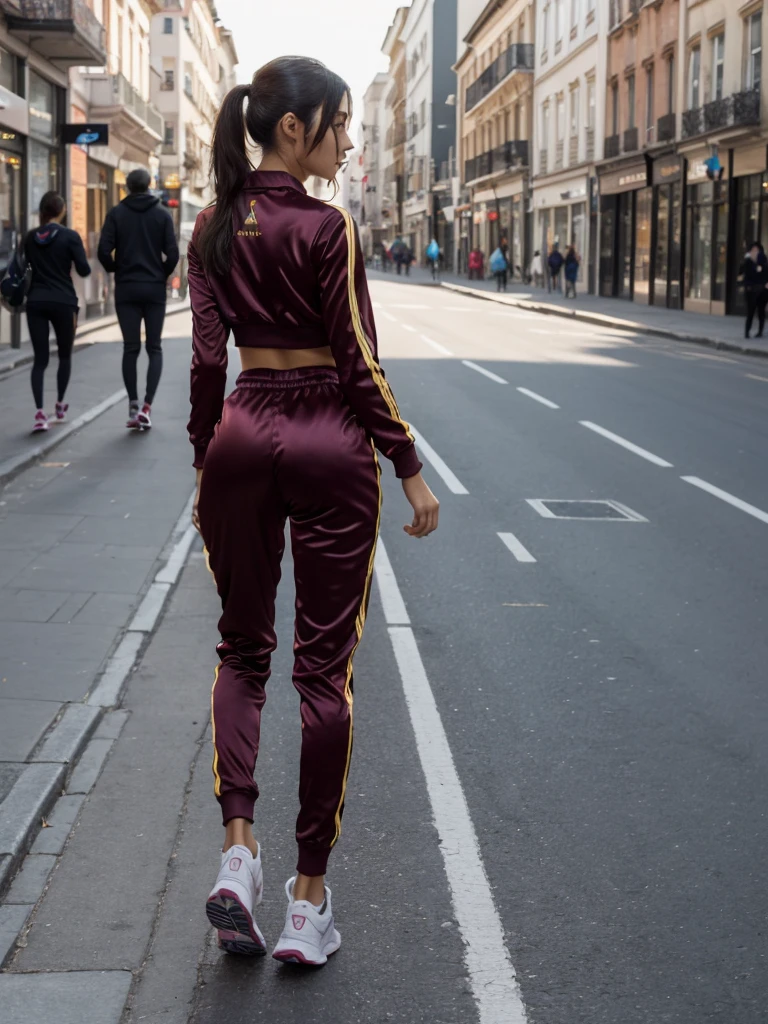 2 sexy slim womans aged 16 walks through the city, she is wearing a tight satin tracksuit Pants, Her breasts, sexy ass,candid Ass, Jogging , 4k,