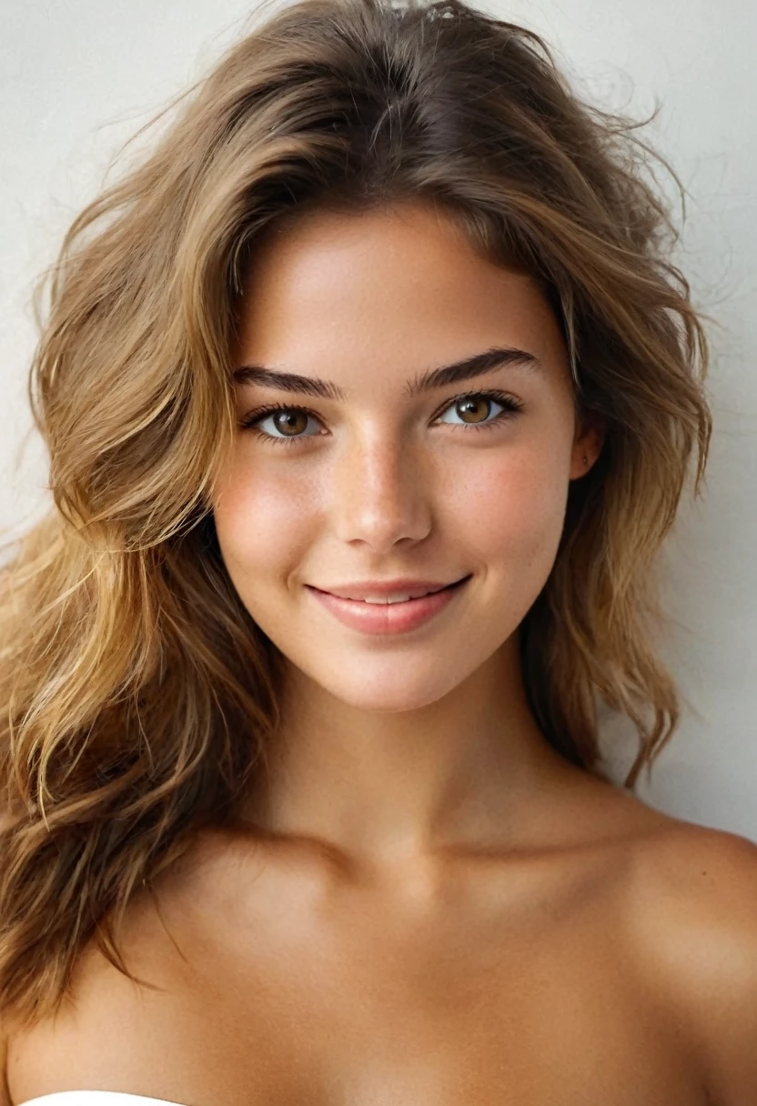 une femme magnifique de 23 ans, poitrine visible et grosse , léger sourire, visage et yeux détaillés, Éclairage naturel, , cheveux longs, contraste moyen , visage naturel, taches de rousseur, cheveux blond foncé, yeux marrons, elle doit être tout nue sur un canapé avec les jambe écartée