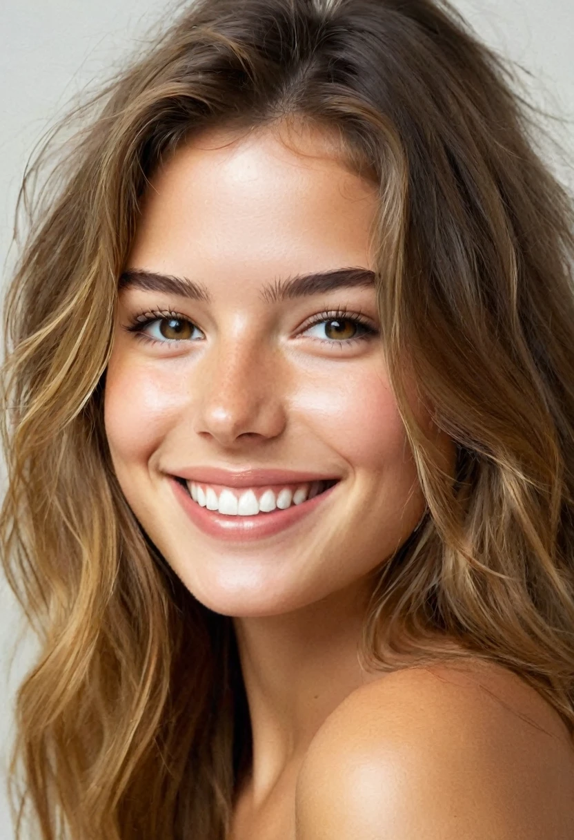 une femme magnifique de 23 ans, poitrine visible et grosse , léger sourire, visage et yeux détaillés, Éclairage naturel, , cheveux longs, contraste moyen , visage naturel, taches de rousseur, cheveux blond foncé, yeux marrons, elle doit être tout nue sur un canapé avec les jambe écartée 