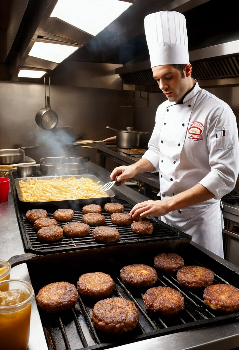 (Fast Food Worker), A fast food clerk stood behind the counter, quickly packaging hamburgers and fries in his hands, with a friendly smile on his face. The background was a busy fast food restaurant, with lively music playing inside and customers coming in a continuous stream. The clerk ordered while having pleasant conversations with customers, full body, (Photography), panoramic view, award-winning, cinematic still, emotional, vignette, dynamic, vivid, (masterpiece, best quality, Professional, perfect composition, very aesthetic, absurdres, ultra-detailed, intricate details:1.3)