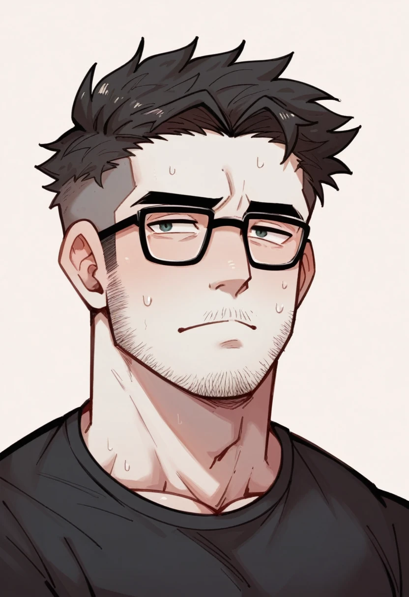 A muscular and attractive man, he doesn&#39;t wear a shirt, use glasses, He has a hairy chest and strong arms 