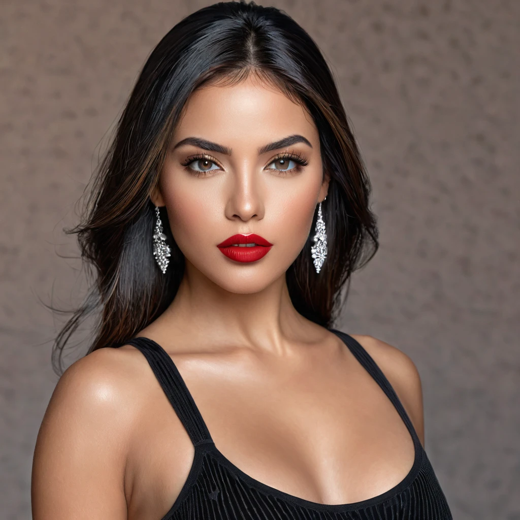 A photoreal close up of a stunning 28-year-old Latina model looking front, straight black hair, and striking [grey eyes]. Facing straight to the camera. Her beautiful lips with red lipstick accentuate her wheatish skin with light brown tone highlights. Dressed in a chic black top, the image should be full body shot, 8k hdr, high detailed, and focused on capturing her mesmerizing beauty, soft day lighting.