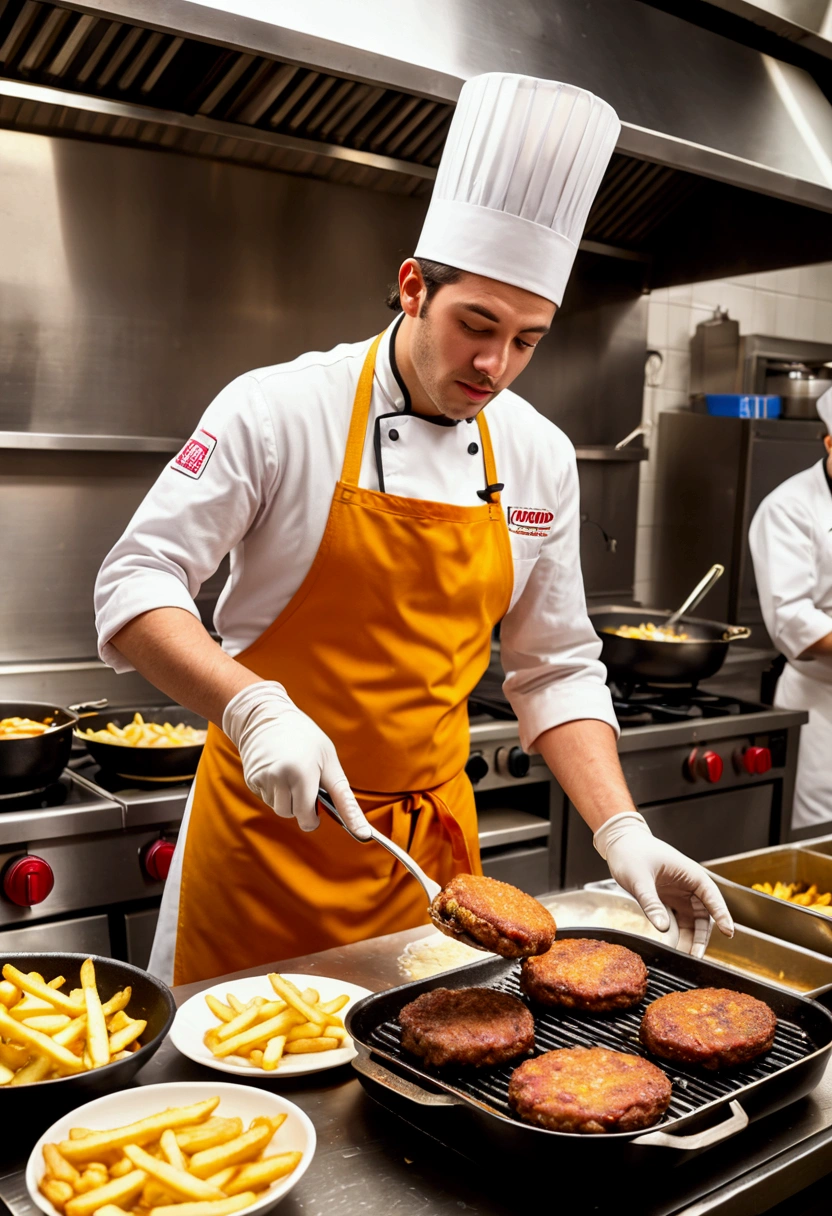 (Fast Food Worker), A fast food clerk stood behind the counter, quickly packaging hamburgers and fries in his hands, with a friendly smile on his face. The background was a busy fast food restaurant, with lively music playing inside and customers coming in a continuous stream. The clerk ordered while having pleasant conversations with customers, full body, (Photography), panoramic view, award-winning, cinematic still, emotional, vignette, dynamic, vivid, (masterpiece, best quality, Professional, perfect composition, very aesthetic, absurdres, ultra-detailed, intricate details:1.3)