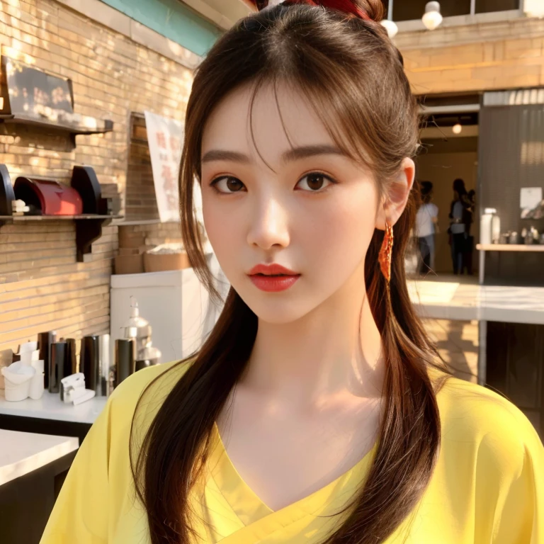 Arafe woman with long brown hair wearing a red shirt, Ruean Jia is very beautiful.!, Inspiration from Huang Ji, 8K vertical rendering, photo realistic beautiful face, Dilraba Dilmurat, red jewelry, Inspiration from Yao Tingmei, Digital art of elegance, Sazi, Portrait of a modern Darna, Sakimi-chan, Big eyes,Double eyelids, black eyes, Chest circumference measures 38 inches., The chest is round and shiny., abdominal muscles, perfect body, Wear a dark round neck t-shirt., Bright colors, expensive silk, outdoor, Warm light, The morning sun shines beautifully., (digital painting, HDR, high contrast), straight face, face focus), (Highest quality:1.4, 3D 8K, 45,000,000,000,pixels,),(Masterpiece:1.3),(sharp focus:1.2),glowing face, (Red cheeks:1.4), ยืนเดินoutdoor, The evening sun shines beautifully and realistically.,
