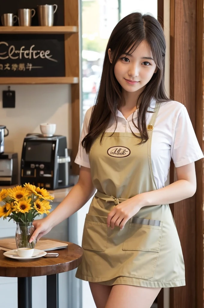 Pretty 21 year old woman（Japanese face）Wearing an apron and a miniskirt, working at the coffee cafe with sunflours