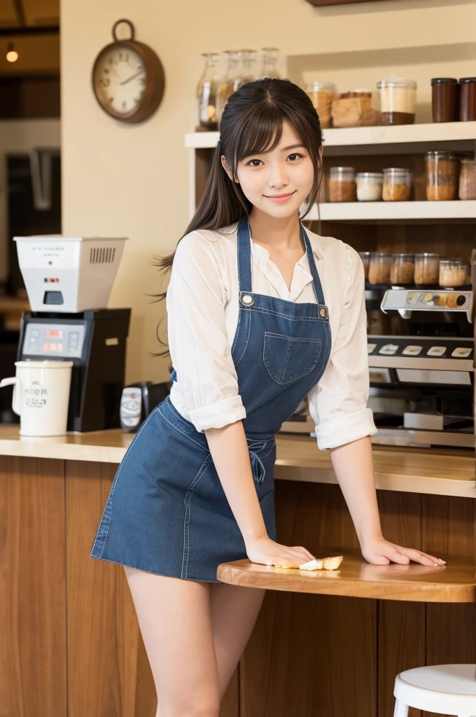 Pretty 21 year old woman(Japanese face)Wearing an apron and a miniskirt, working at the coffee cafe with sunflours