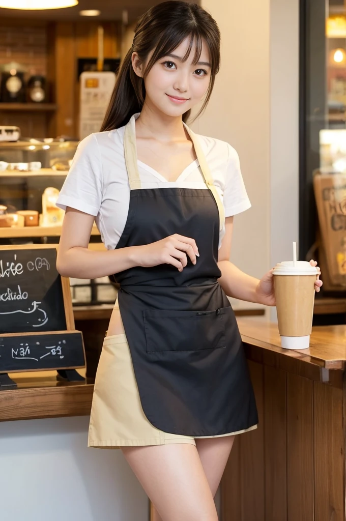 Pretty 21 year old woman（Japanese face）Wearing an apron and a miniskirt, working at the coffee cafe with sunflours