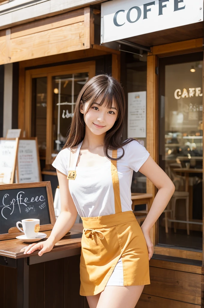 (Realistic, photo-Realistic:1.37),(8K, RAW Photos, Highest quality, masterpiece:1.2), Ultra-detailed, 超High resolution, Kodak Vision Color, Filmed with an Arricam LT camera,Highest quality, Lively, 8K, High resolution, Escape, (Professional Lighting), (Portraiture:0.6), Brown Hair,22 years old、slender、Cafe staff、Stylish cafe、おしゃれなCafe staff、ponytail、Barista、coffeeを作っている、Inside the store、Japanese、Upper body close-up、smile、coffee、