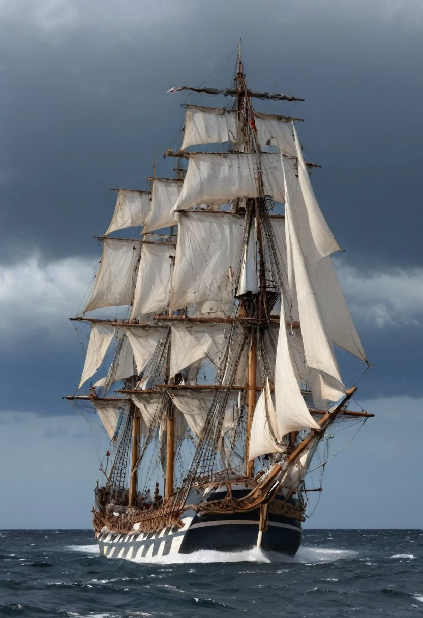 Tall ships of the seventeenth century with large white sails cannons a wooden hull butt. The ship is of French nationality and it sails on the ocean in full storm. [Sailboats] [Boat] [Ship] [Sail] [Magnificent] [Sea] [Ancient] [Storm]