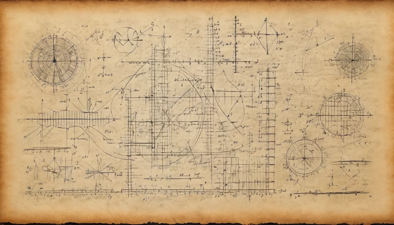 Mathematics, mathematical calculations, charcoal pencil drawing on old paper